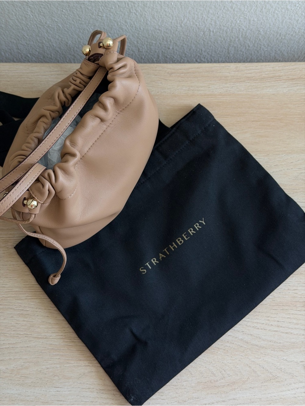 Strathberry Charlotte Drawstring Bag in Tan - Picture 3 of 10